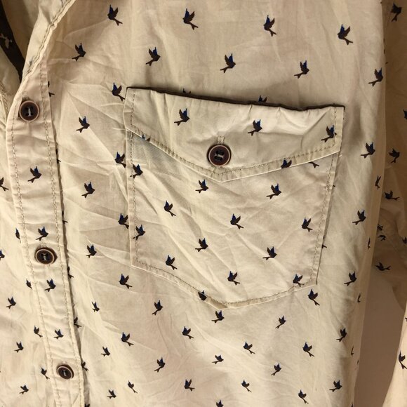 Killer Jeans Mens Button Down Shirt Bird Print Cotton Beige L - Picture 2 of 5